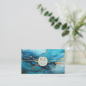 Elegante Blue Marble Gold Glitter Luxe Monogram Visitekaartje (Staand voorkant)