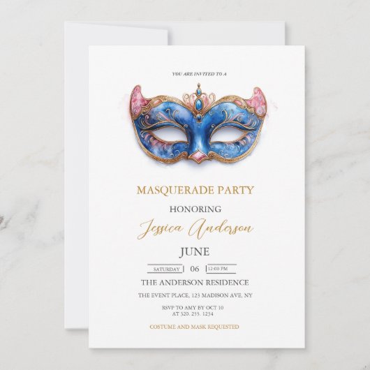 Elegante Blue Masquerade Party Verjaardag Kaart (Voorkant)