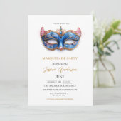 Elegante Blue Masquerade Party Verjaardag Kaart (Staand voorkant)