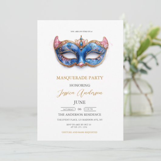 Elegante Blue Masquerade Party Verjaardag Kaart (Staand voorkant)