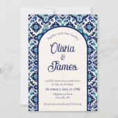 Elegante Blue Mediterranean Tegel huwelijksuitnodi Kaart (Voorkant)