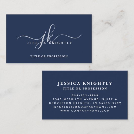 Elegante Blue Monogram Script Initialen Visitekaartje (Voorkant / Achterkant)