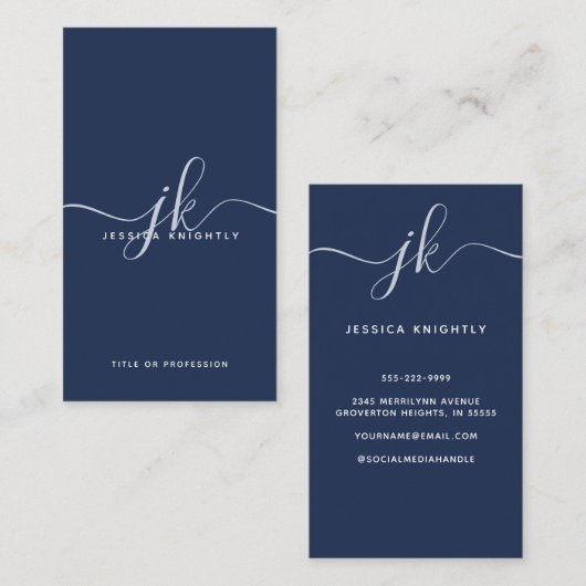 Elegante Blue Monogram Script Initialen Visitekaartje (Voorkant / Achterkant)