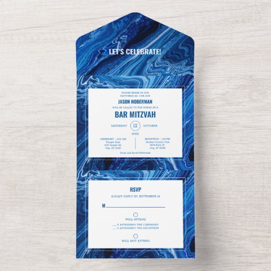 Elegante Blue Ocean Waves Bar Mitswa All In One Uitnodiging (Binnen)