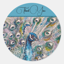 Elegante Blue Peacock Waterverf Art Bedankt Ronde Sticker