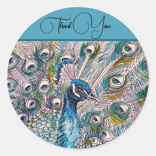 Elegante Blue Peacock Waterverf Art Bedankt Ronde Sticker (Voorkant)