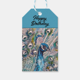 Elegante Blue Peacock Waterverf Art Verjaardag Cadeaulabel