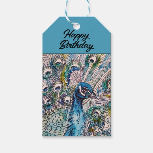 Elegante Blue Peacock Waterverf Art Verjaardag Cadeaulabel (Voorkant)