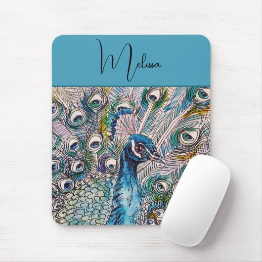 Elegante Blue Peacock Waterverf Art Verjaardag Muismat (Met muis)
