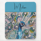 Elegante Blue Peacock Waterverf Art Verjaardag Muismat (Voorkant)