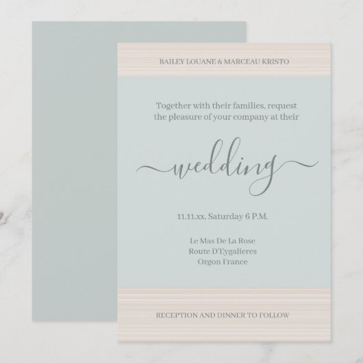 Elegante Blue Sage Wood Grain Stripes Chic Wedding Kaart (Voorkant / Achterkant)
