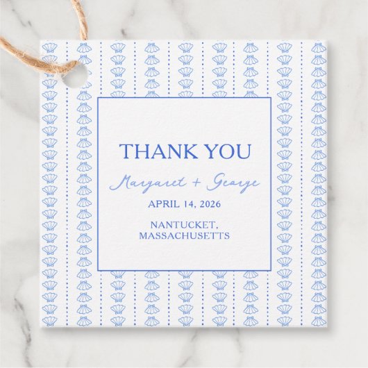 Elegante Blue Seashell Coastal Wedding Bedankt Bedankjes Labels (Voorkant)