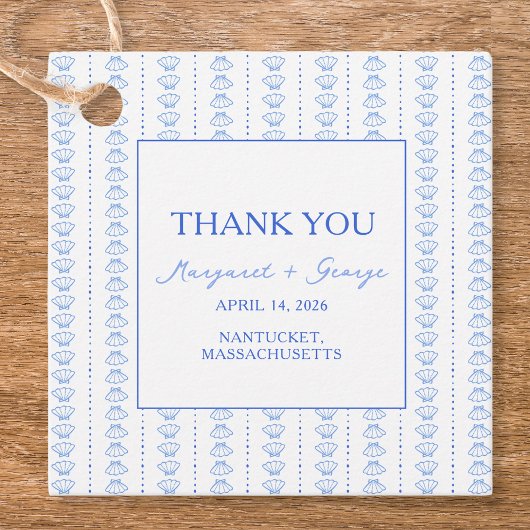 Elegante Blue Seashell Coastal Wedding Bedankt Bedankjes Labels