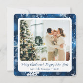 Elegante Blue Snowflake Holiday Kaart met foto (Voorkant)