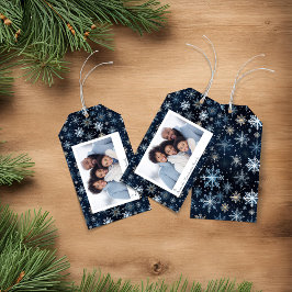 Elegante  Blue Snowflakes Vakantiefoto Cadeaulabel