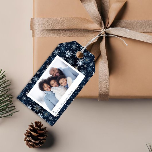 Elegante  Blue Snowflakes Vakantiefoto Cadeaulabel