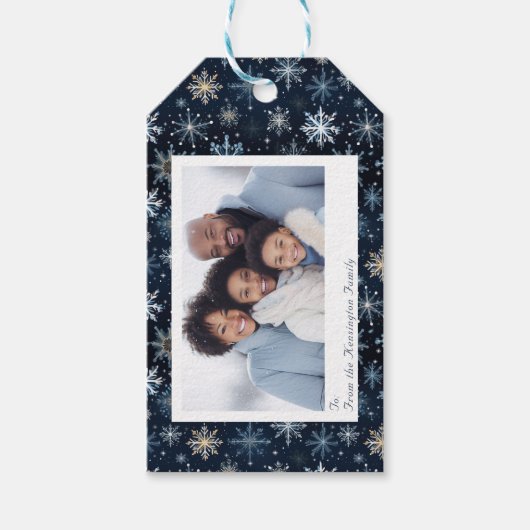 Elegante  Blue Snowflakes Vakantiefoto Cadeaulabel (Voorkant)
