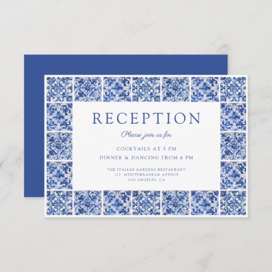 Elegante Blue Tegels bruiloft receptie Informatiekaartje (Voorkant / Achterkant)