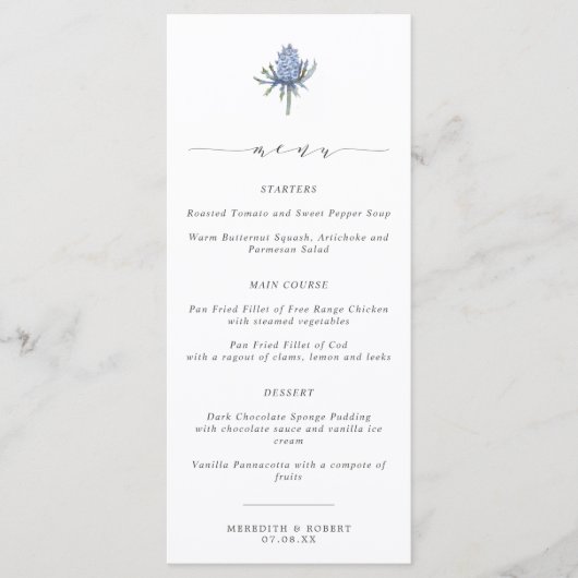 Elegante Blue Thistle Script bruiloft Menu (Voorkant)