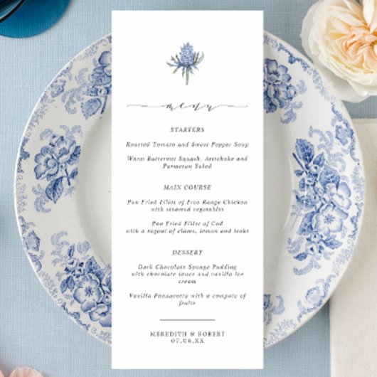 Elegante Blue Thistle Script bruiloft Menu