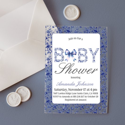 Elegante Blue Toile de Jouy en Bow Baby shower Acryl Uitnodigingen