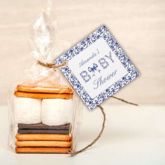 Elegante Blue Toile de Jouy en Bow Baby shower Bedankjes Labels