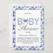 Elegante Blue Toile de Jouy en Bow Baby shower Kaart (Voorkant)