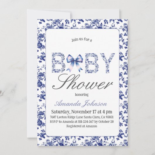 Elegante Blue Toile de Jouy en Bow Baby shower Kaart (Voorkant)