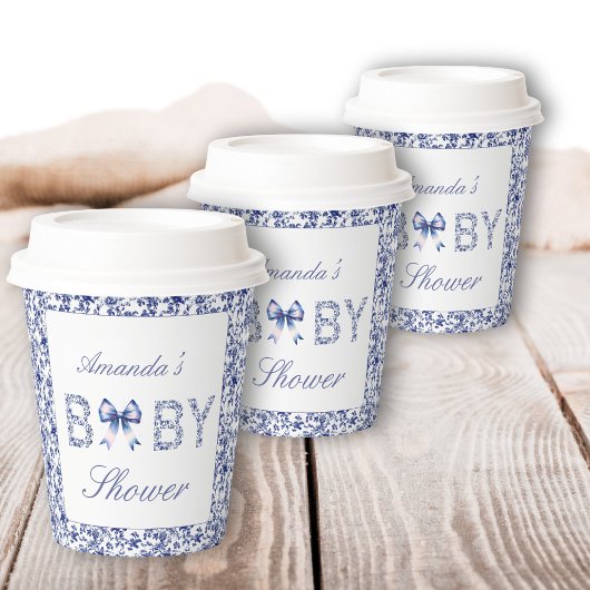 Elegante Blue Toile de Jouy en Bow Baby shower Papieren Bekers