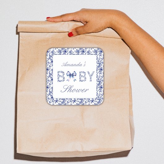 Elegante Blue Toile de Jouy en Bow Baby shower Vierkante Sticker