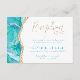 Elegante Blue Waterverf Gold Receptie Wedding Informatiekaartje