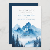 Elegante Blue Waterverf Mountain bruiloft Save The Date (Voorkant / Achterkant)