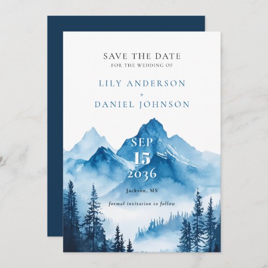 Elegante Blue Waterverf Mountain bruiloft Save The Date (Voorkant / Achterkant)