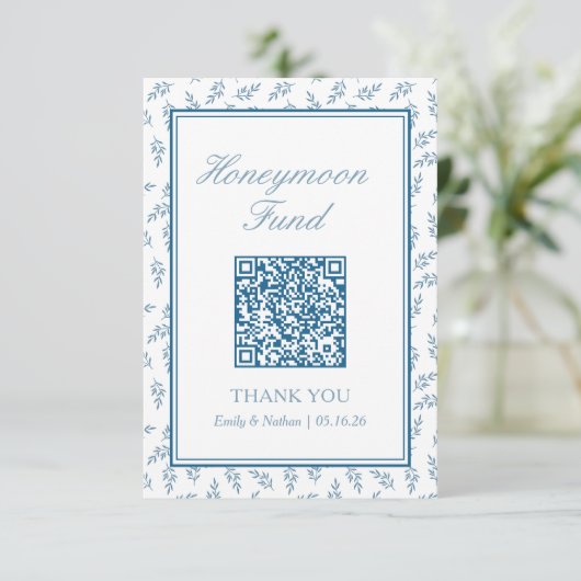 Elegante Blue Wedding Honeymoon Fund QR Code Kaart (Staand voorkant)