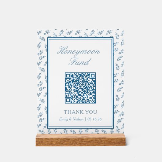 Elegante Blue Wedding Honeymoon Fund QR Code Kaart Acryl Bord (Voorkant)