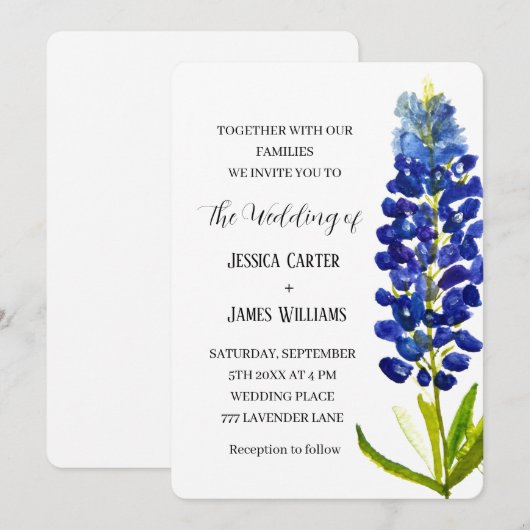 Elegante Bluebonnet Texaanse Waterverf Bloemen Huw Kaart (Voorkant / Achterkant)