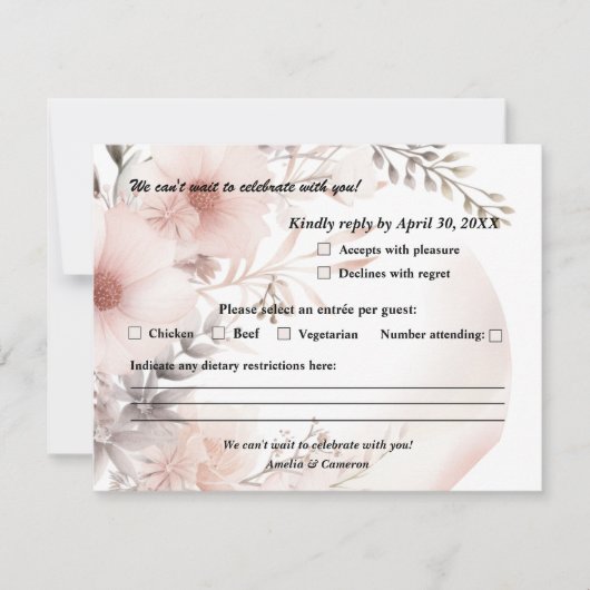 Elegante Blush & Beige Boho Bloemen Huwelijk RSVP Kaartje (Voorkant)