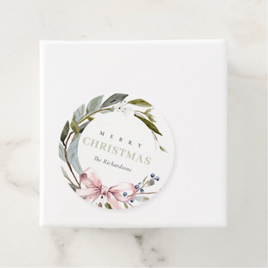 Elegante Blush Blauw Groene Winter Kerst Krans Bedankjes Labels (In situ)