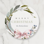 Elegante Blush Blauw Groene Winter Kerst Krans Bedankjes Labels (Voorkant)