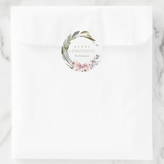 Elegante Blush Blauw Groene Winter Kerst Krans Ronde Sticker (Tas)