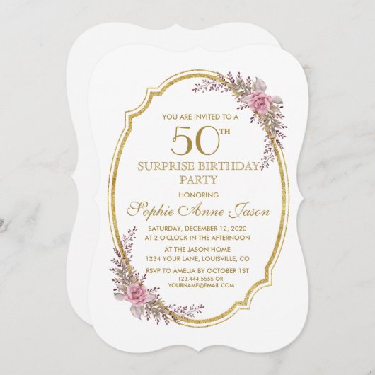 Elegante Blush Bloem Goud 50e Verjaardag Verrassin Kaart (Voorkant / Achterkant)