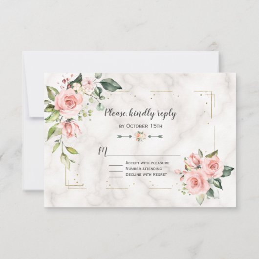 Elegante Blush Bloem Goud Glitter Marmer Bruiloft RSVP Kaartje (Achterkant)