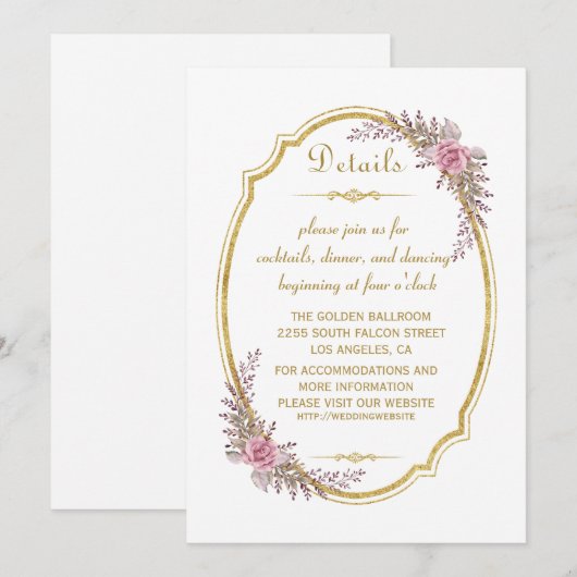 Elegante Blush Bloem Gouden Lijst Huwelijksdetails Kaart (Voorkant / Achterkant)