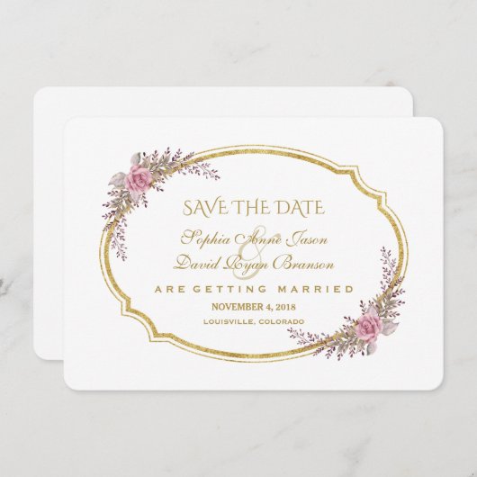 Elegante Blush Bloem Gouden Lijst Save The Date (Voorkant / Achterkant)