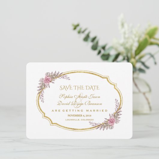Elegante Blush Bloem Gouden Lijst Save The Date (Staand voorkant)
