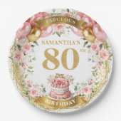 Elegante Blush Bloemen 80ste Verjaardag Papier Bor Papieren Bordje (Voorkant)