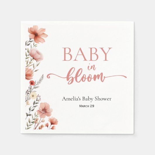 Elegante Blush Bloemen Baby in Bloom Shower Servet (Voorkant)