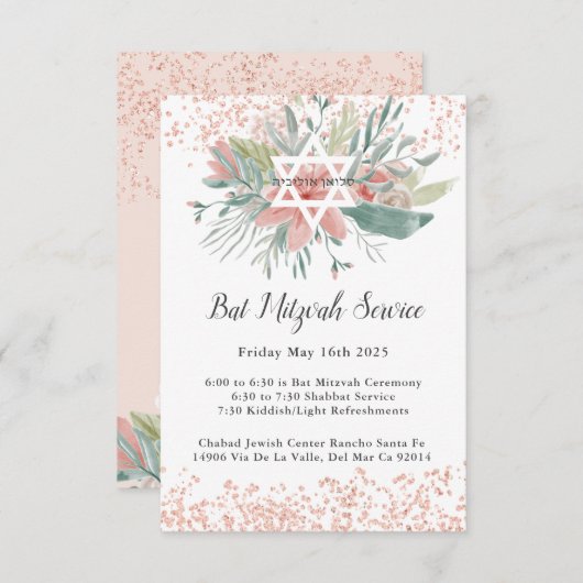 Elegante Blush Bloemen Bat Mitswa Service Informatiekaartje (Voorkant / Achterkant)