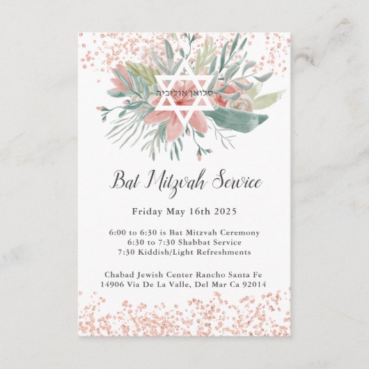 Elegante Blush Bloemen Bat Mitswa Service Informatiekaartje (Voorkant)