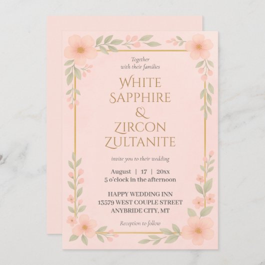 Elegante Blush Bloemen bruiloft uitnodiging met go (Voorkant / Achterkant)